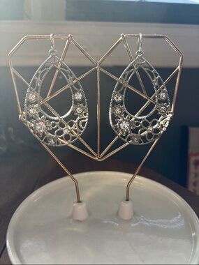 Silver Tone Filigree Teardrop Earrings w/Fake Crystals - Sterling Silver Hook